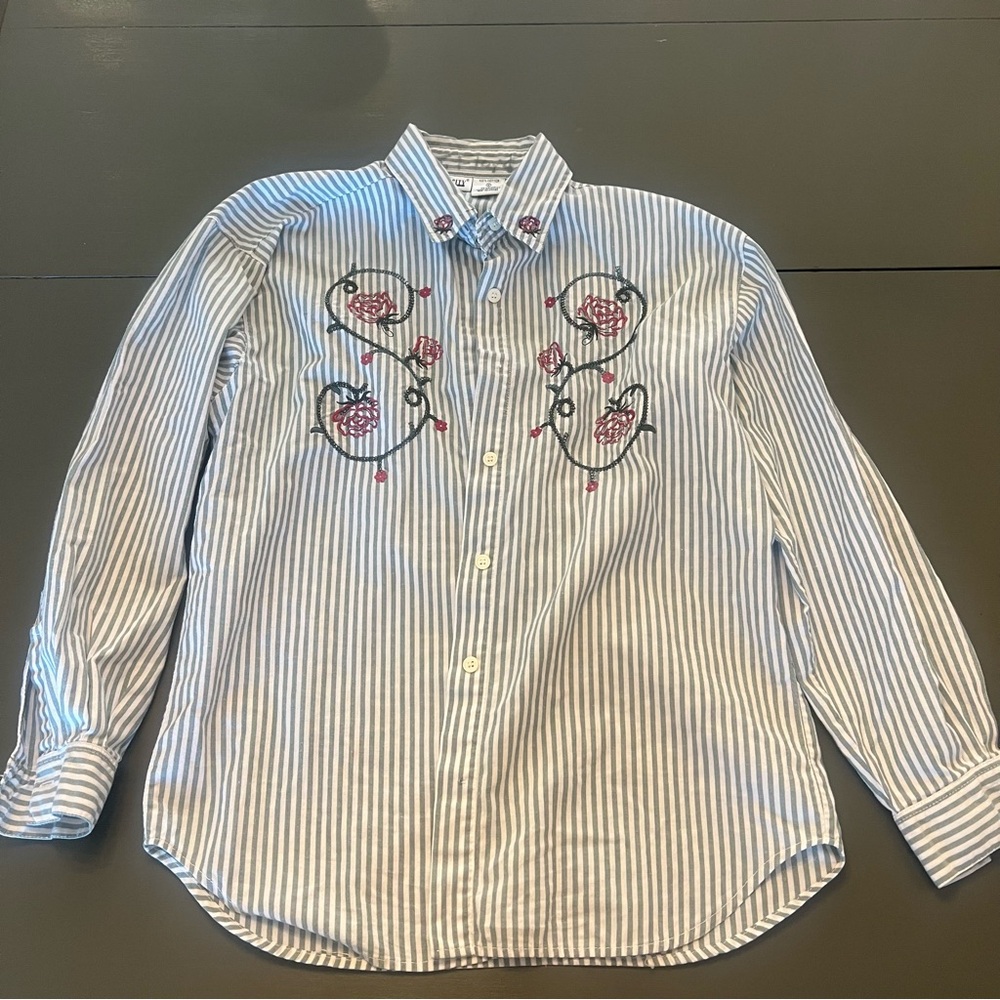 Striped Green & White Embroidered Button-Up Shirt
